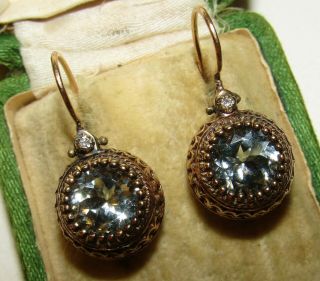 Gorgeous,  Vintage,  Antique Style Designer 8 Ct Gold Earrings/aquamarine/diamonds