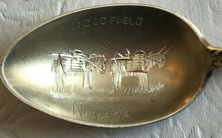 Heavy Goldfield Nevada Sterling Silver Souvenir Spoon With Pack Mules C.  1905