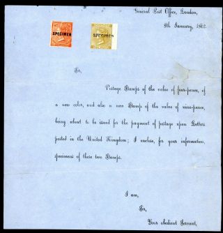 Rare Item Gpo London 1867 Specimen 4d And 9d On Official Letter (m765)