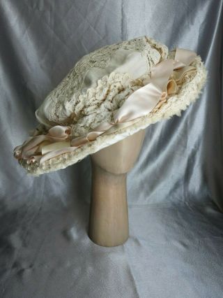 Antique Victorian / Edwardian Womans Hat Linen & Lace & Pink Ribbon