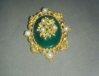 Antique 9ct Gold Jade & Diamond & Pearl.  Pendant Brooch Pin.  Fully Hallmarked.