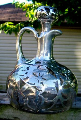 Lush Large Art Nouveau Sterling Silver Overlay Glass Whiskey Decanter Bottle