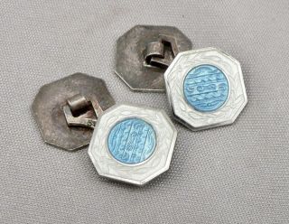 Vintage Art Deco STERLING Silver Guilloche Enamel Cufflinks Cuff Button Links 2