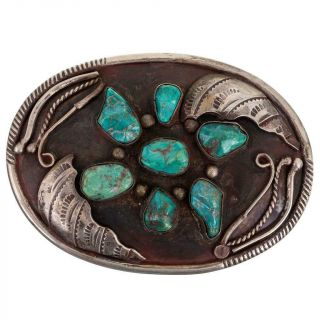 Navajo Concho Belt Buckle Sterling Silver Natural Turquoise Old Pawn Edsitty