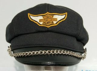 Harley Davidson Leather Hat Captains Chain Embroidered Motorcycle Cap Vtg Usa M