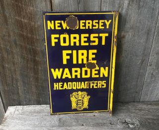 Antique Sign Jersey Forest Fire Warden Porcelain Flange Vintage
