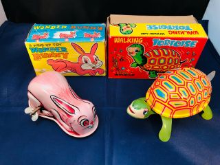 2 Vintage Wind Up Wonder Bunny Walking Turtle Tin Toys W/ Boxes