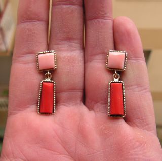 Vintage Style Gold Yellow 18k Red Sardinia Coral Earrings Fine Estate Jewelry