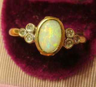10k Antique Vintage Retro Art Deco Floral Opal Diamond Ruby Bezel Ring