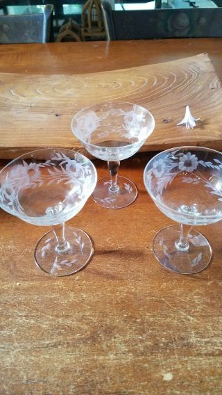SET of 3 Gray Cut Floral CHAMPAGNE GLASSES Etched Glass Set 2