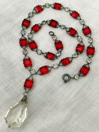 Vintage Antique Art Deco Red Ruby Crystal Paste Glass Open Back Bezel Necklace