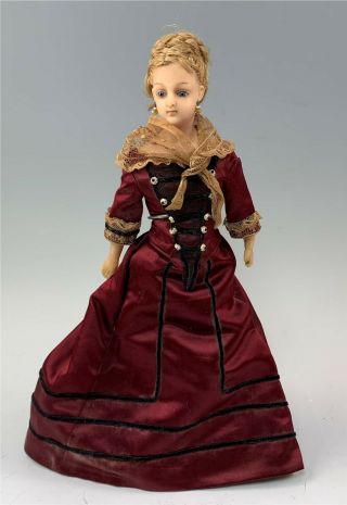 19th Century English Poured Wax 16 " Fashion Doll With Glass Eyes