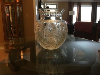 Vintage Brilliant Cut Glass Center Vase Signed “Yasemin” Colossal 14”H 4