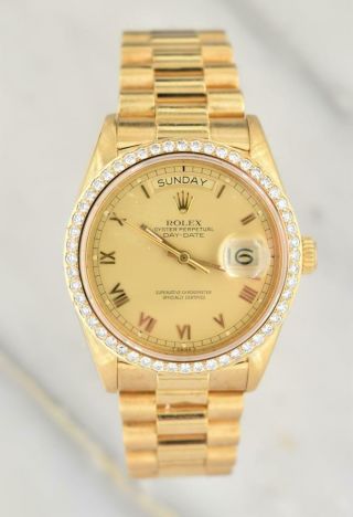Rare 18K Rolex President Wristwatch With Roman Dial & Diamond Bezel 4