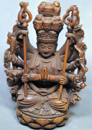 Old Asian Boxwood Hand Carve Avalokitesvara Temple Pray Collectable Tibet Statue