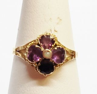 Antique 14 Karat Gold Pensee Pansy Flower With Amethysts Ring