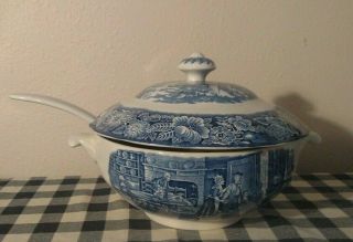 Vintage Liberty Blue Soup Tureen W/ Lid And Ladle Boston Tea Party Ironstone