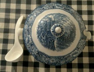 VINTAGE LIBERTY BLUE SOUP TUREEN W/ LID AND LADLE BOSTON TEA PARTY IRONSTONE 5