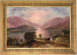 A Scottish Loch At Sunset Antique Oil Painting By G.  Leslie (fl.  1877 - 1896)