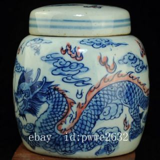 china old Blue and Underglaze Red Hand painted Dragon porcelain tea caddy b01 2