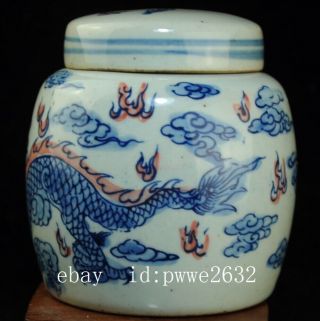 china old Blue and Underglaze Red Hand painted Dragon porcelain tea caddy b01 3