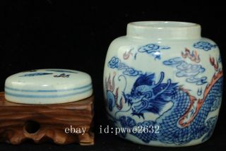 china old Blue and Underglaze Red Hand painted Dragon porcelain tea caddy b01 5