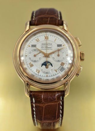 Rare 18k Rose Gold Zenith El Primero Chronomaster Moon Phase Wristwatch