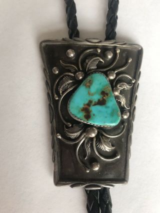 Vintage Signed Navajo Sterling And Turquoise Bolo Tie W/ Applied Sterling Leaves
