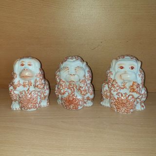 4 Old Antique Chinese Porcelain Three Wise Monkeys Figures W.  Painting,  Marked