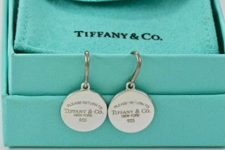 Authentic Silver Return To Tiffany & Co.  Round Tag Circle Dangling Earrings
