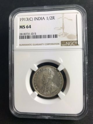 British India 1913 Calcutta 1/2 Rupee Half Ngc Ms 64 Pop 1/0 Extremely Rare Bu