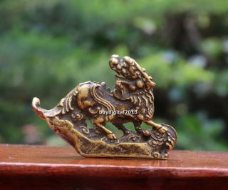 4 Cm Chinese Pure Bronze Foo Dog Lion Kylin Wealth Animal Beast Amulet Sculpture