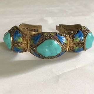 Vintage Antique Chinese Turquoise & Sterling Silver Bracelet,  Marked “silver”