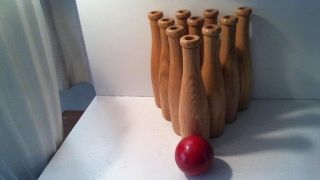 Vintage Childs Kids Toy - Ten 6 " Wood Wooden Bowling Pins & Ball
