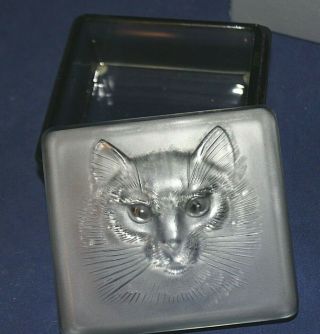 Vintage LALIQUE FRANCE Chat Cat Frosted Clear Glass Trinket Box w/ Lid 3