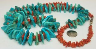 Vtg Native American Navajo Sterling Silver Turquoise Nugget Red Coral Necklace