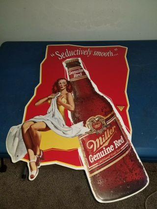 (vtg) Miller Mgd Beer Red Sexy Girl & Bottle Tin Sign Man Cave Game Room Rare