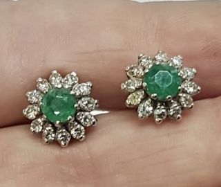 Antique Art Deco 9ct Yellow Gold Emerald And Diamond Earrings Sunflower