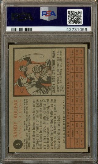 1962 Topps 5 Sandy Koufax Los Angeles Dodgers HOF RARE PSA 8.  5 