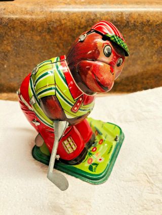 Vintage Tps Japan Tin Litho Monkey Golfer Wind - Up Toy