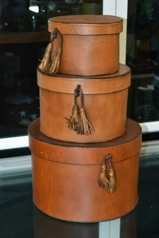 Rare Stitched Leather Guild Master Nesting Hat Boxes Set Of 3