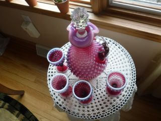 Rare Vintage Fenton Hobnail Plum Decanter And Goblets