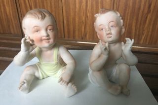 Pair Antique Bisque Piano Babies 4 1/2” Tall