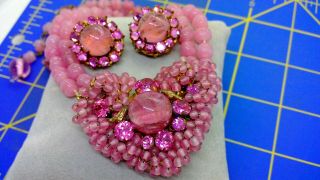 Vintage Signed Miriam Haskell Large Pink Glass Pendant Necklace And Earring Set