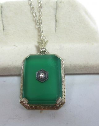 18k Solid White Gold Art Deco Pendant/necklace W/ Green Onyx & Natural Dia