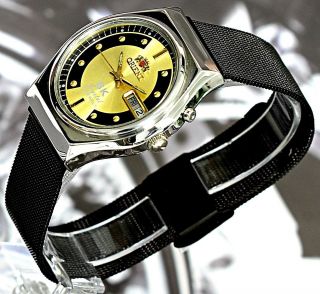 Shiny Vintage Japan Orient Crystal Automatic 21J Black Mesh Bracelet Men ' s Watch 2