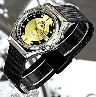 Shiny Vintage Japan Orient Crystal Automatic 21J Black Mesh Bracelet Men ' s Watch 3