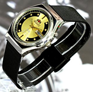Shiny Vintage Japan Orient Crystal Automatic 21J Black Mesh Bracelet Men ' s Watch 4