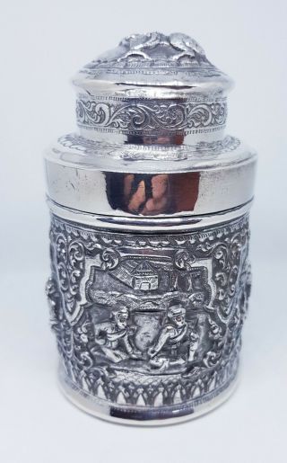 Antique Repoussé Solid Silver Burmese Betel Box Or Tea Caddy.  C Early 1900