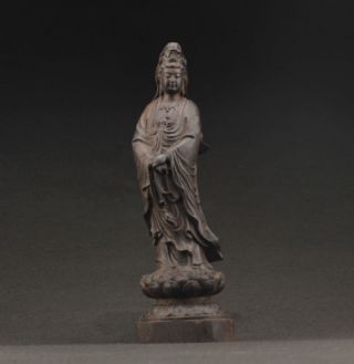 big Decorated China Handwork Old Ebony Wood Carved Kwan Yin Statue 2